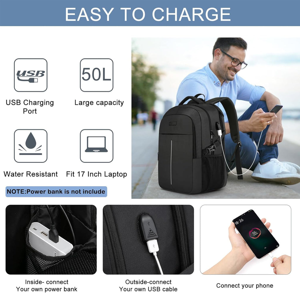 Extra Large Backpack for Men 50L,Water Resistant 17Inch Travel Laptop Work bag with USB Charging Port Anti Theft Big Business TSA Approved Computer Rucksack Women College School,Black