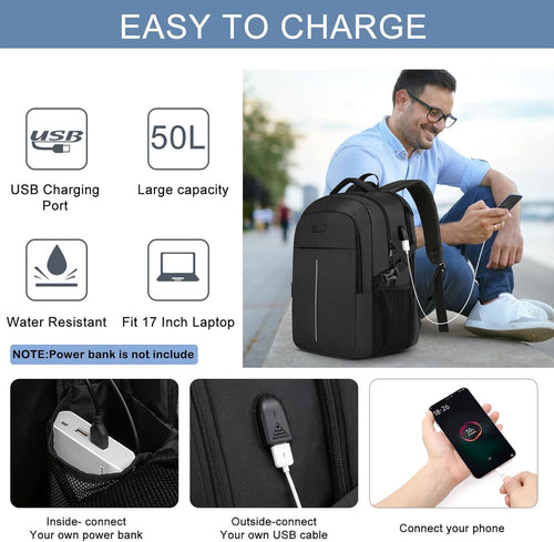 Extra Large Backpack for Men 50L,Water Resistant 17Inch Travel Laptop Work bag with USB Charging Port Anti Theft Big Business TSA Approved Computer Rucksack Women College School,Black