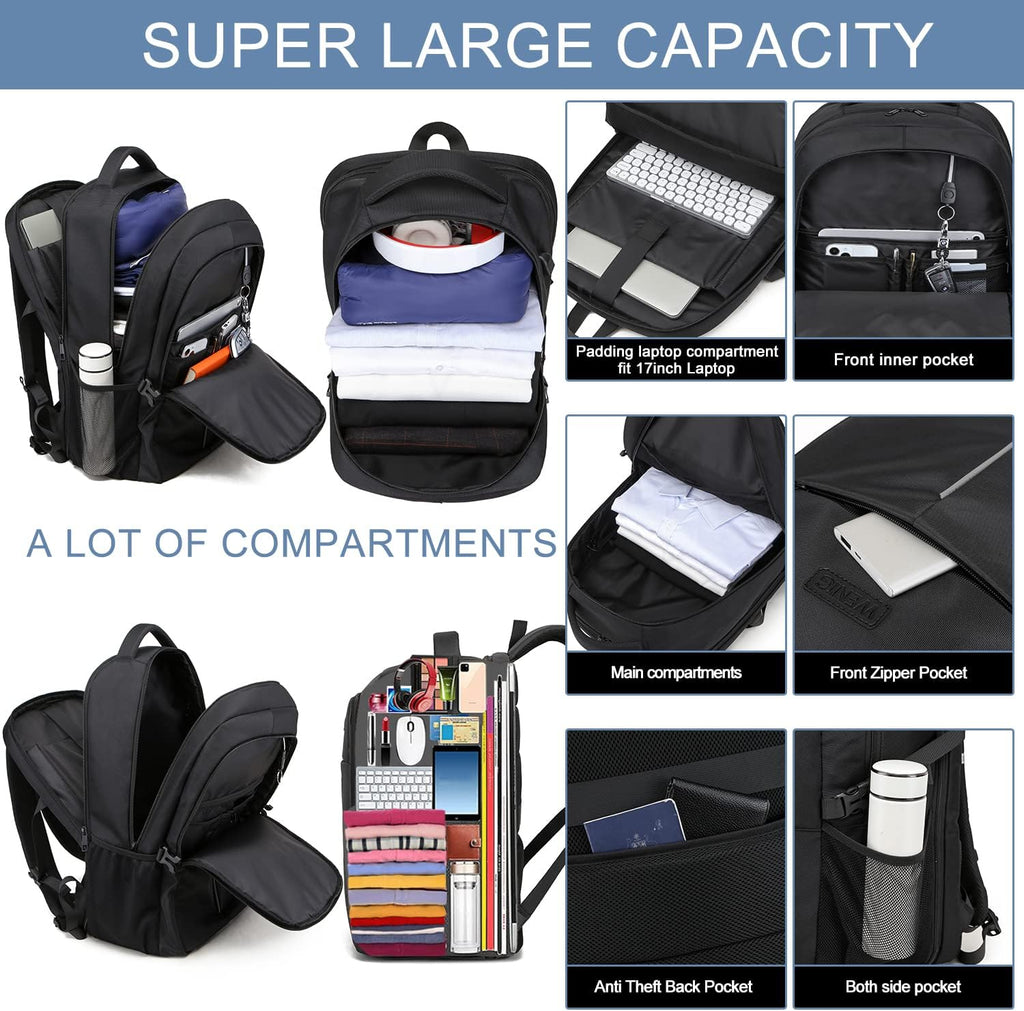Extra Large Backpack for Men 50L,Water Resistant 17Inch Travel Laptop Work bag with USB Charging Port Anti Theft Big Business TSA Approved Computer Rucksack Women College School,Black
