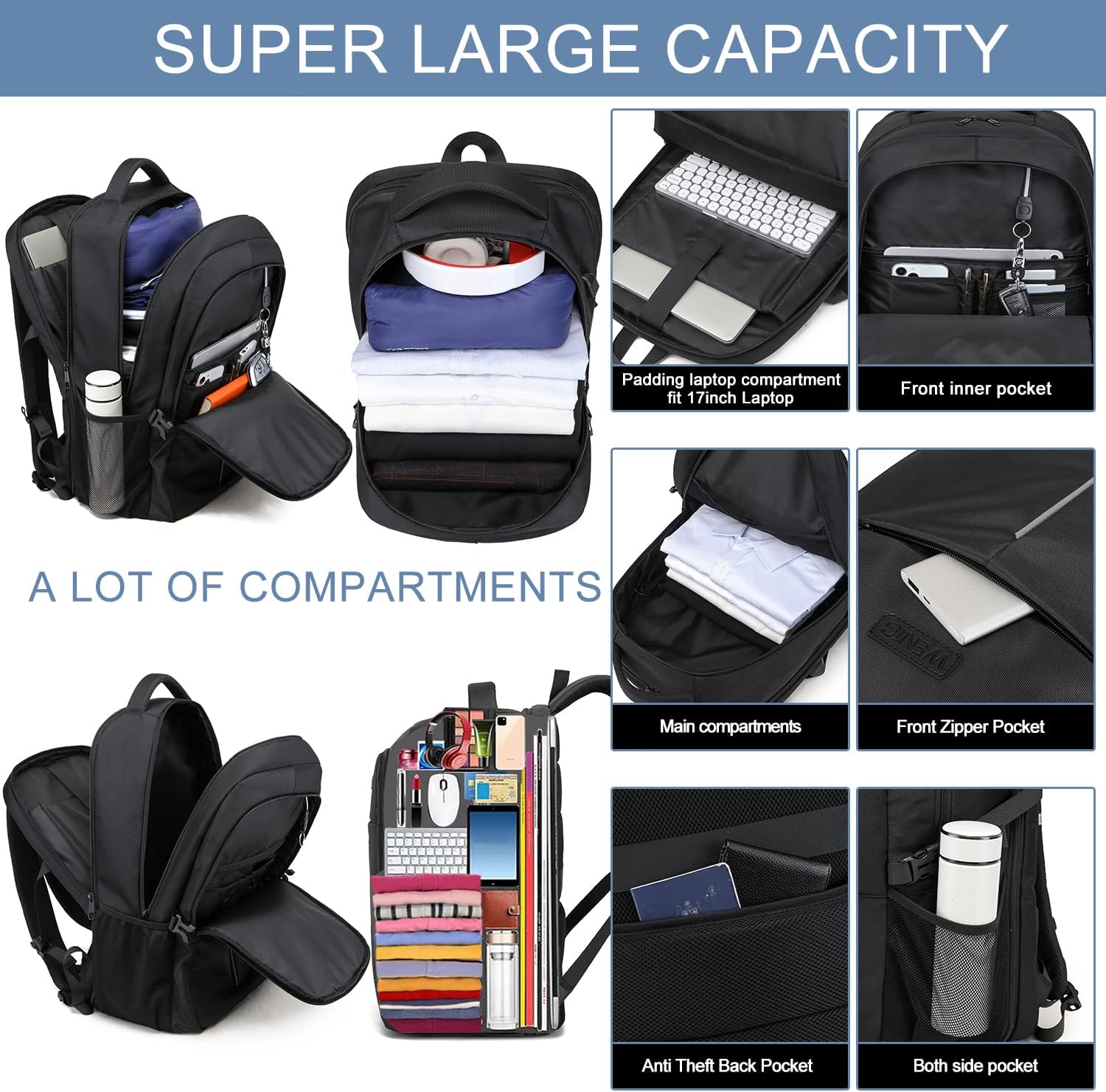 Extra Large Backpack for Men 50L,Water Resistant 17Inch Travel Laptop Work bag with USB Charging Port Anti Theft Big Business TSA Approved Computer Rucksack Women College School,Black